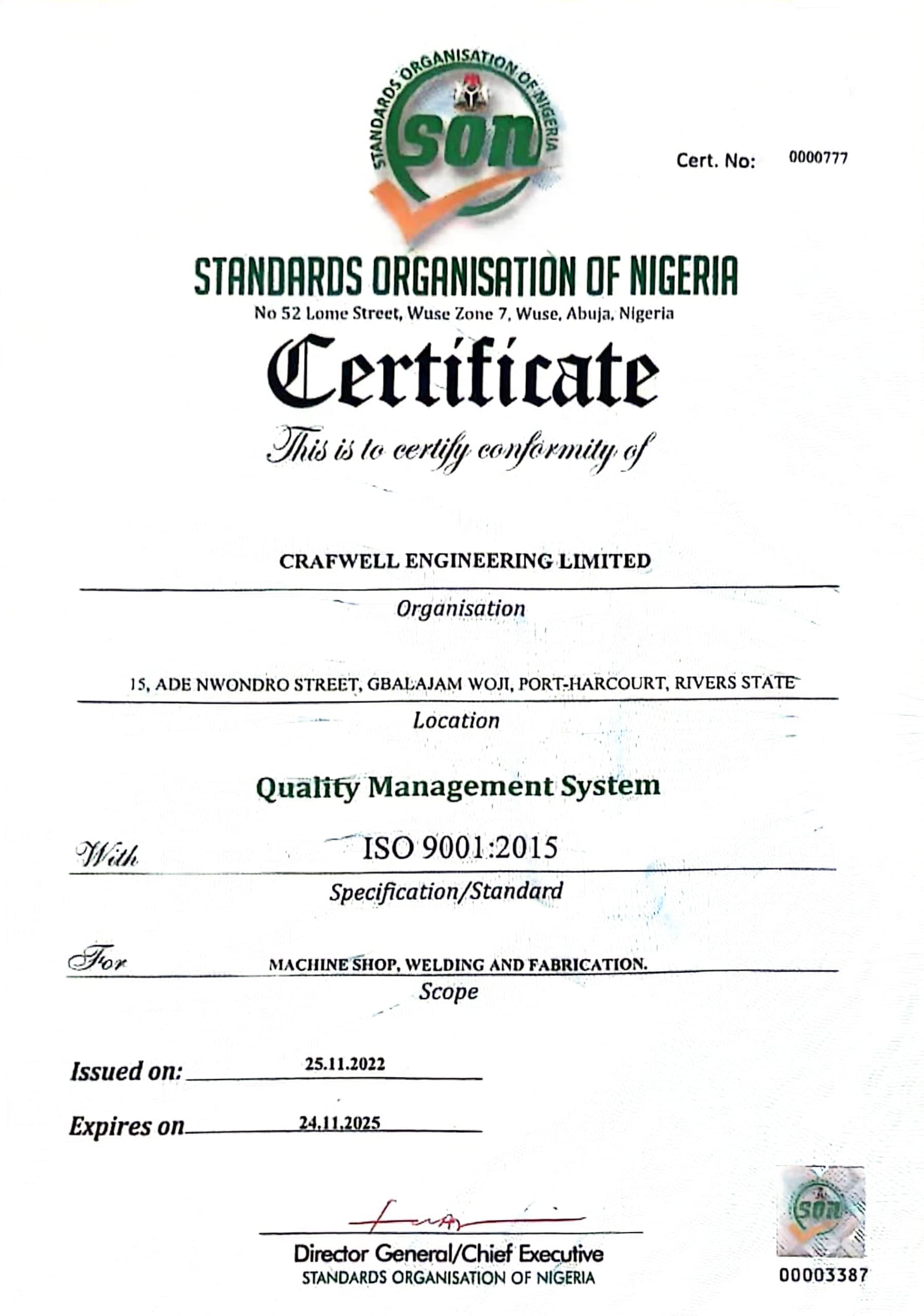 Crafwell ISO certificate